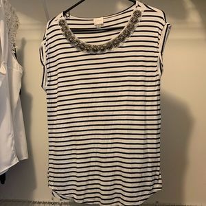 Navy blue and white striped blouse